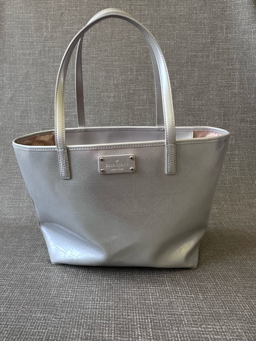 Kate Spade Harmony Metallic Silver Heart Perforated Tote Bag Shoulder Purse